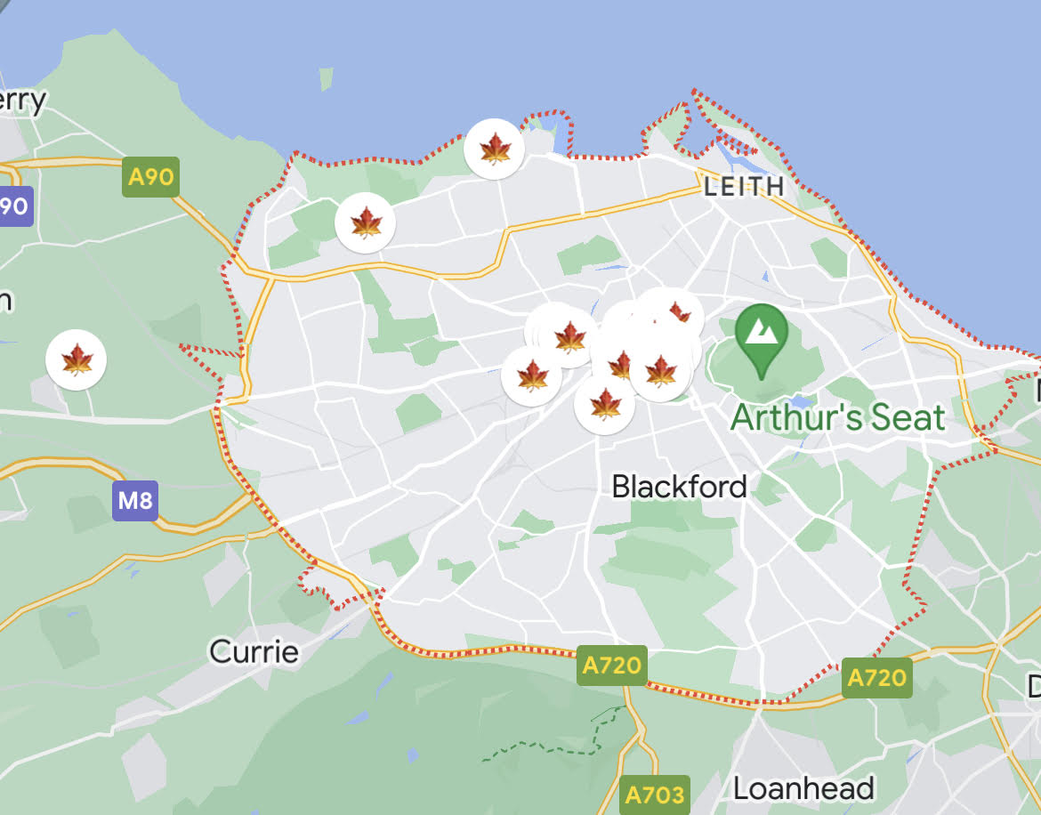 Edinburgh pinned places on Google Maps